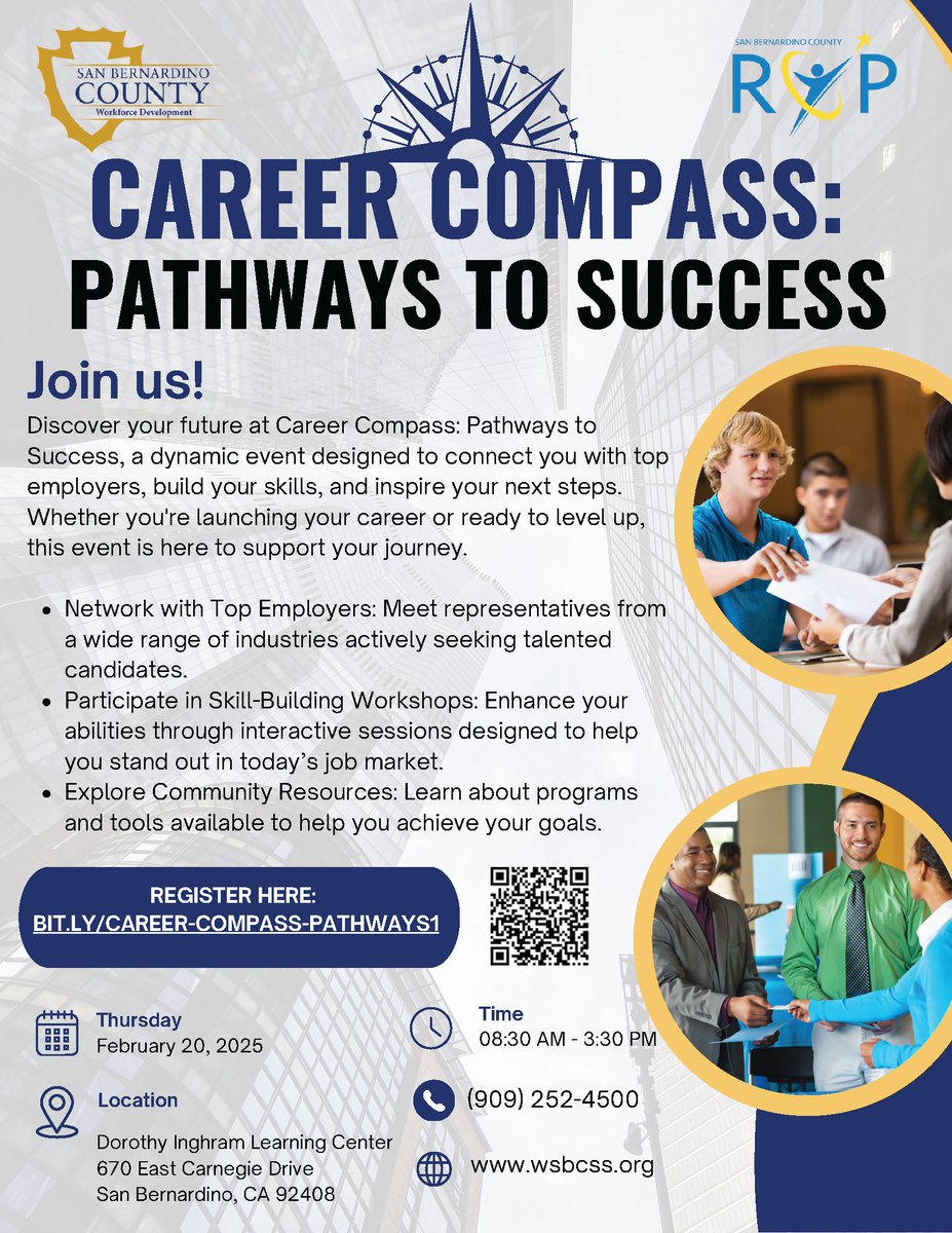 SBCo_ROP's tweet photo. Join us on Feb. 20!🤝 Career Compass: Pathways to Success – a career fair to connect with employers, gain skills, and explore resources!

📍 San Bernardino
⏰ Feb 20, 2025 | 8:30 AM - 3:30 PM
🔗 Register now: https://t.co/kzYs7pj2fE
#CareerCompass #JobFair #PathwaysToSuccess https://t.co/PjoTtGxRhL