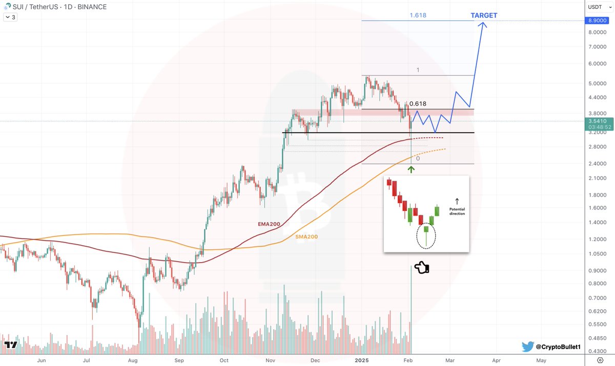 Monster recovery on $SUI !

Gorgeous Bullish Hammer candle with a long wick. Finally hit the EMA200 &amp; SMA200 ✅

All the liquidity that’s been building since November is grabbed. And look at that Volume! Wow 👀

Based on this correction, I’m raising my target for #SUI

🎯 TARGET