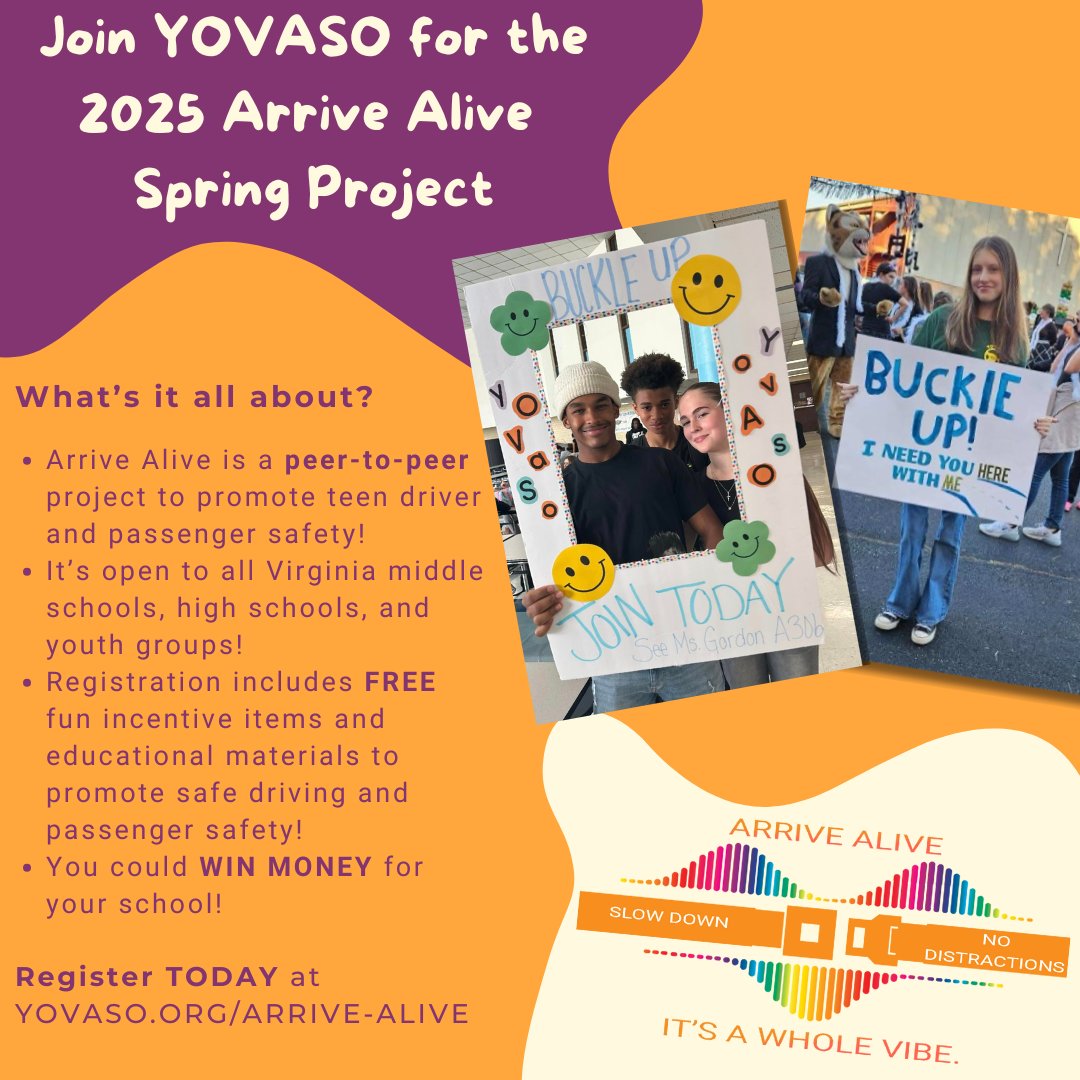 Registration for our spring project, "Arrive Alive" is now open!🥳
Visit the link below to learn more and to register for your✨FREE✨incentives and materials!
Let's work together to make this spring a safe one for Virginia's youth and teens! 🫶
Register👉 yovaso.org/arrive-alive