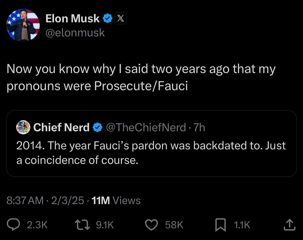 Wall Street Apes (@wallstreetapes) on Twitter photo Just to recap:
- <a href="/TheChiefNerd/">Chief Nerd</a> exposed Anthony Fauciās NIAID and USAID sent over $40M in US taxpayer money to a scientist in Wuhan
- That same scientist became "patient zero" for COVID-19
- That research STARTED IN 2014, THE SAME YEAR ANTHONY FAUCIāS PARDON STARTS
- Elon Musk Just to recap:
- <a href="/TheChiefNerd/">Chief Nerd</a> exposed Anthony Fauciās NIAID and USAID sent over $40M in US taxpayer money to a scientist in Wuhan
- That same scientist became "patient zero" for COVID-19
- That research STARTED IN 2014, THE SAME YEAR ANTHONY FAUCIāS PARDON STARTS
- Elon Musk