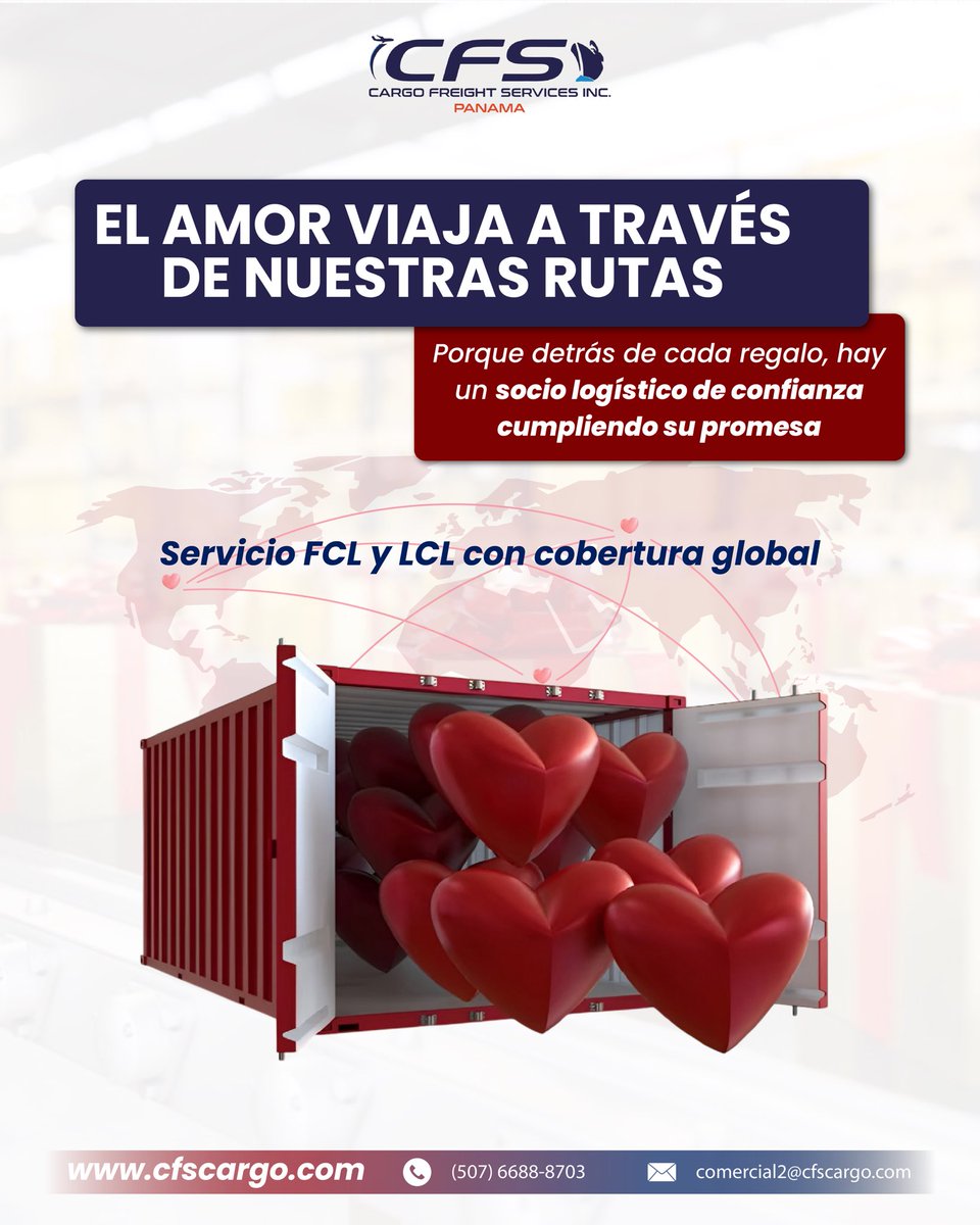 cfspanama's tweet photo. A special date is approaching✨
On Valentine’s Day, timely deliveries are crucial to ensure customer satisfaction and maximize sales. Our logistics services are designed to meet these demands, ensuring that your products reach their destinations promptly and securely🚢🌎

Contact us: comercial2@cfscargo.com