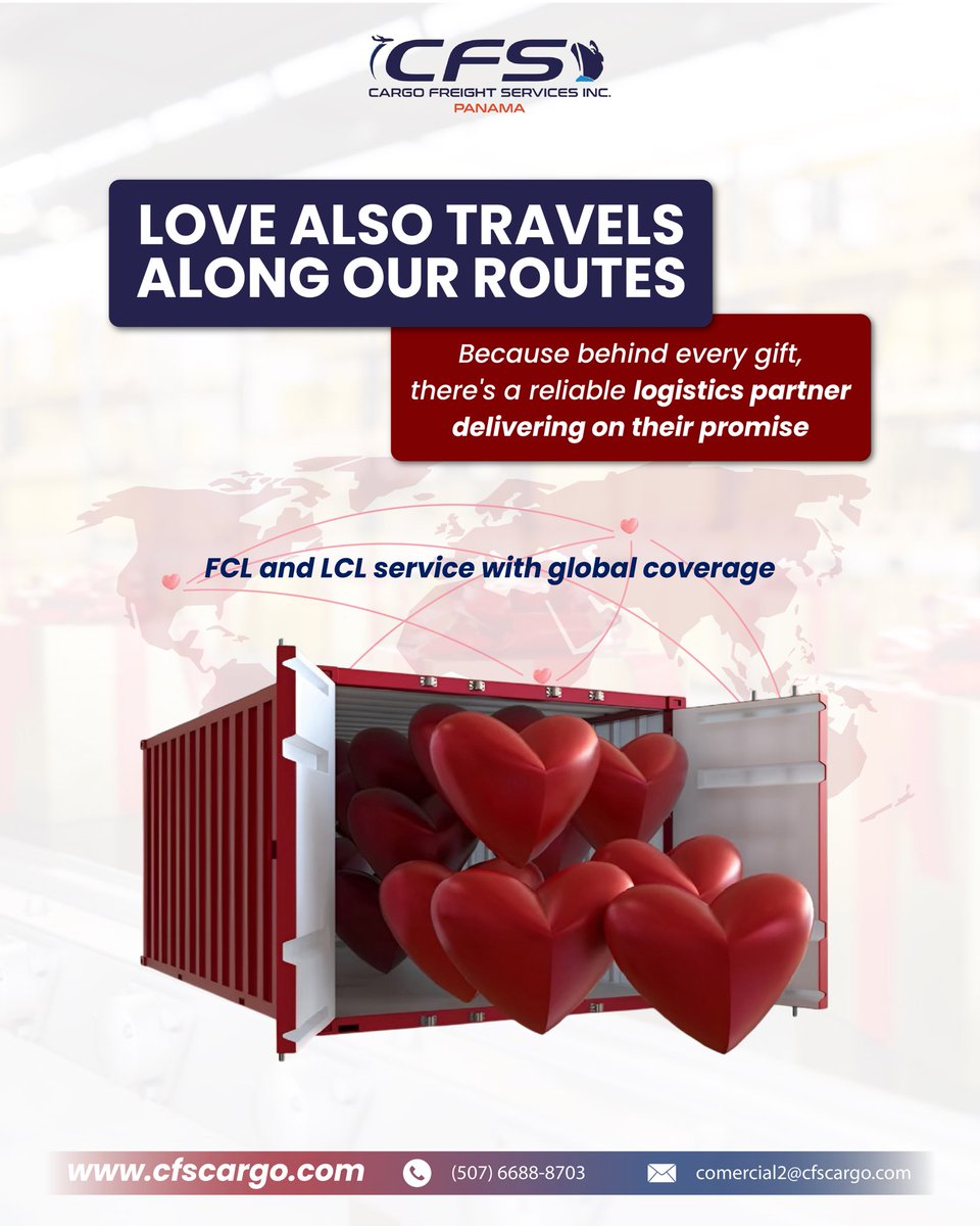 cfspanama's tweet photo. A special date is approaching✨
On Valentine’s Day, timely deliveries are crucial to ensure customer satisfaction and maximize sales. Our logistics services are designed to meet these demands, ensuring that your products reach their destinations promptly and securely🚢🌎

Contact us: comercial2@cfscargo.com