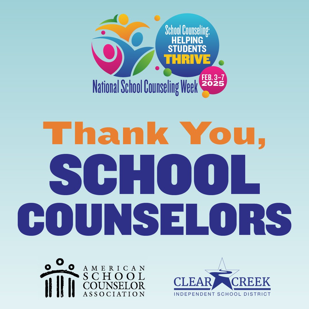 ClearCreekISD's tweet photo. This week, we celebrate our incredible school counselors who make a difference in the lives of our students every day. From guiding academic success to supporting emotional well-being and future career goals, our counselors are a vital part of ensuring every student thrives! 💙 https://t.co/8qsLW84LV2