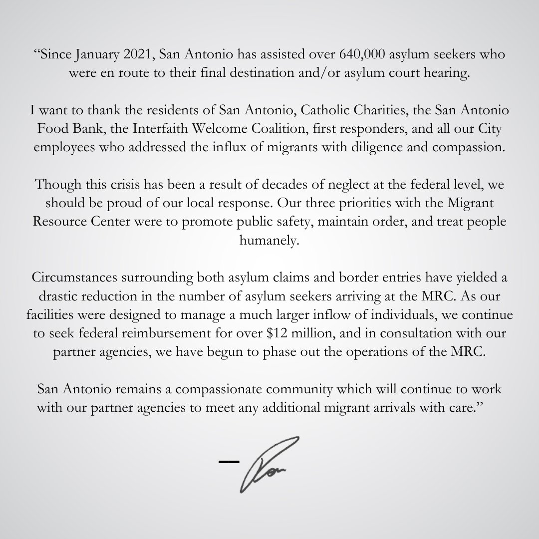 Ron_Nirenberg's tweet photo. Statement regarding the Migrant Resource Center. https://t.co/q2iUvvJEbk