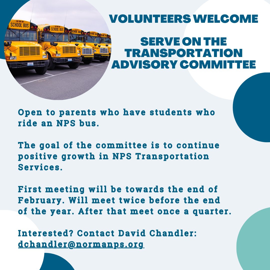 NormanSchools's tweet photo. Parents - we welcome your input on the Transportation Advisory Committee. Provide feedback and help continue positive growth in NPS Transportation Services.

The first meeting will be later this month.

If interested, contact David Chandler: dchandler@normanps.org

#NPSProud https://t.co/EgZJ6Ejek2