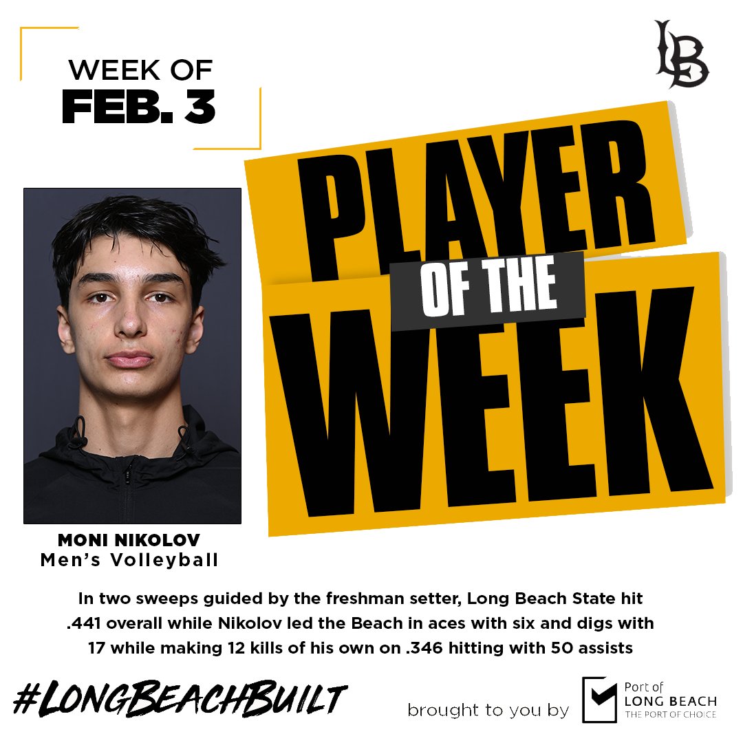 Moni Nikolov of <a href="/LBSUMVB/">Long Beach State Men’s VB</a> is our Player of the Week, presented by <a href="/portoflongbeach/">Port of Long Beach</a>! The freshman setter led Long Beach State to two wins with 50 assists, 17 digs, 6 aces and 12 kills on .346 hitting. #GoBeach