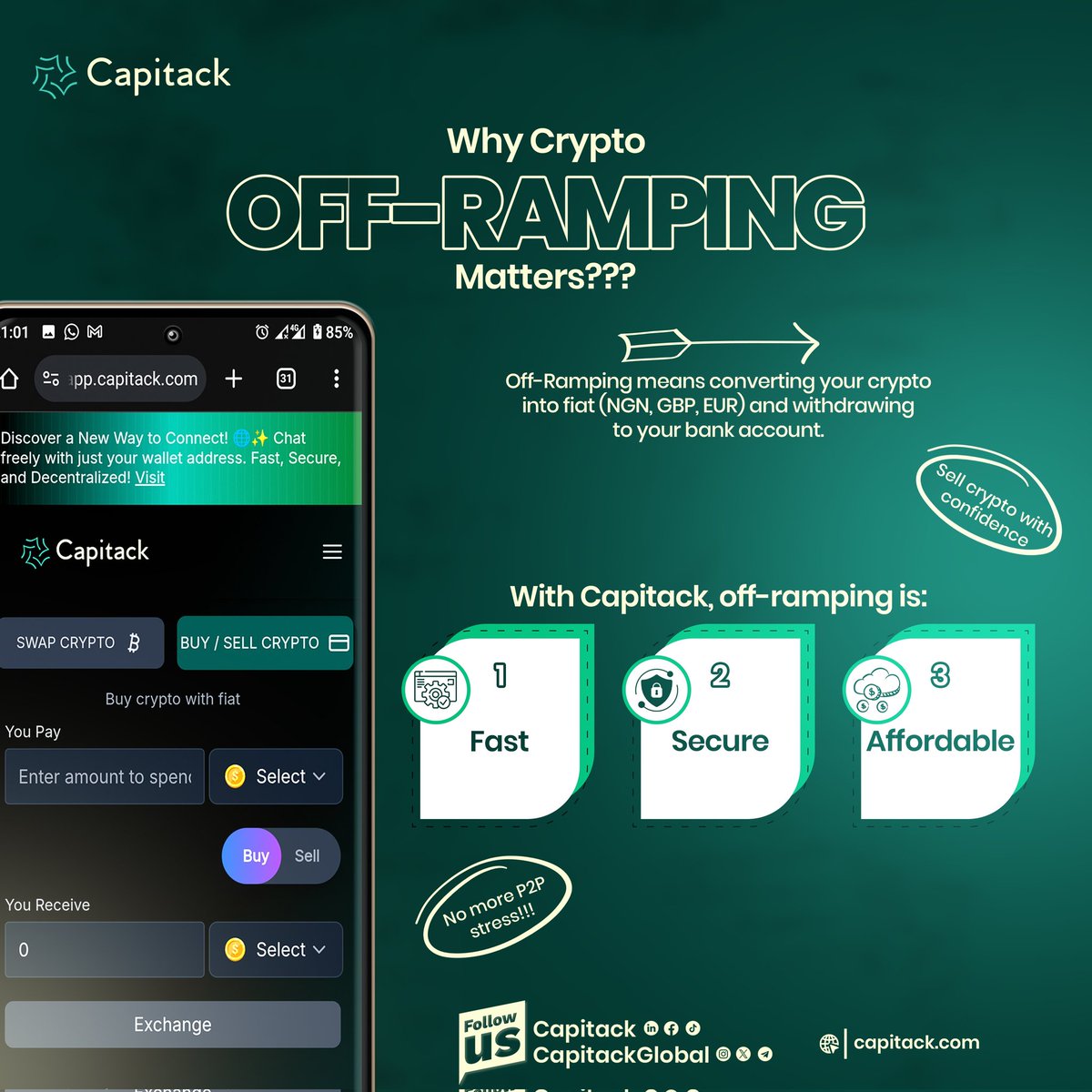 CapitackGlobal's tweet photo. So you bought crypto… now what? 🤔
💡Off-Ramping means converting your crypto into fiat (NGN, GBP, EUR) &amp; withdrawing to your bank account.
With Capitack, off-ramping is:
 ✅Fast ✅Secure ✅Affordable
 🔗 [https://t.co/tNvZROdmik]
 #Bitcoin #OffRampCrypto #Capitack #NGN #Crypto https://t.co/kAaXuDBfBb