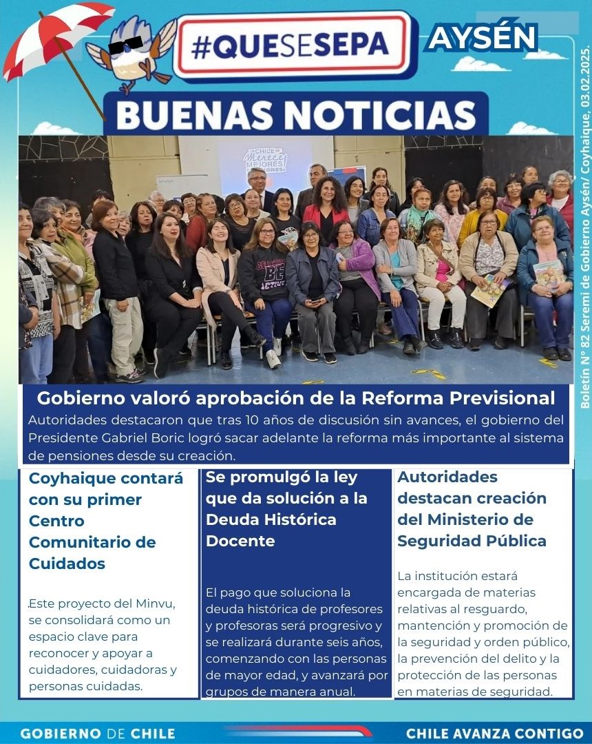 Subdere_Aysen's tweet photo. En esta primera semana de febrero, les invitamos a leer y a compartir la edición 82 del boletín #QueSeSepa Aysén, con las  últimas noticias del Gobierno en la región. En este verano en la Patagonia que va y viene entre frío y calor📷📷 https://t.co/2PxE4N5Qyv
