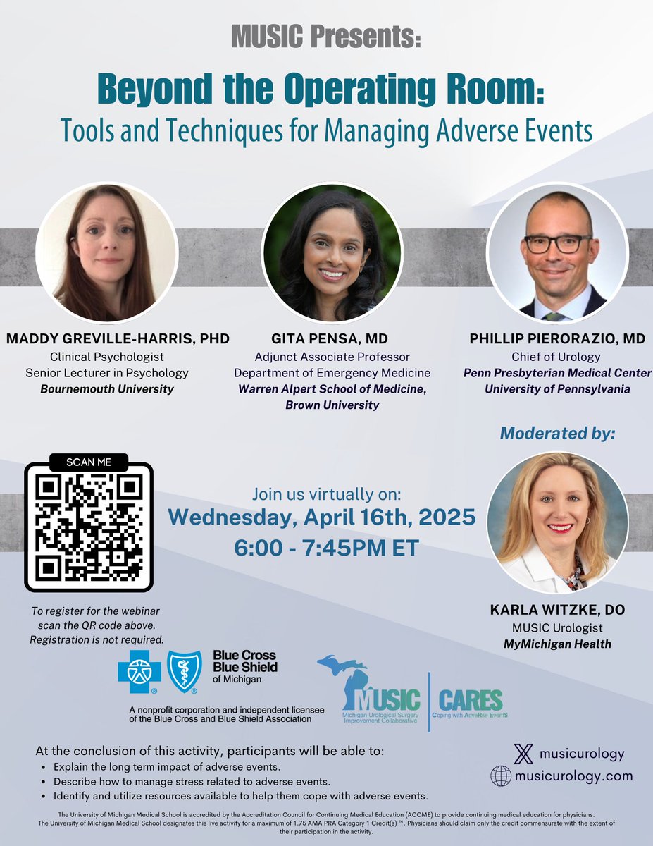 MUSIC Urology (@musicurology) on Twitter photo 📢 Join us for Beyond the Operating Room: Tools & Techniques for Managing Adverse Events! 🏥
🗓️ Wednesday, April 16, 2025
⏰ 6:00 - 7:45 PM ET
💻 Virtual event – Register Here: forms.gle/DwZYMWep9dvMe1…
<a href="/GitaPensaMD/">Gita Pensa, M.D.</a> <a href="/drphil_urology/">Phillip Pierorazio</a> <a href="/peepeeDoctor/">Khurshid Ghani</a> <a href="/BCBSM/">BCBSM</a> <a href="/MichiganCQIs/">Michigan CQIs</a> 📢 Join us for Beyond the Operating Room: Tools & Techniques for Managing Adverse Events! 🏥
🗓️ Wednesday, April 16, 2025
⏰ 6:00 - 7:45 PM ET
💻 Virtual event – Register Here: forms.gle/DwZYMWep9dvMe1…
<a href="/GitaPensaMD/">Gita Pensa, M.D.</a> <a href="/drphil_urology/">Phillip Pierorazio</a> <a href="/peepeeDoctor/">Khurshid Ghani</a> <a href="/BCBSM/">BCBSM</a> <a href="/MichiganCQIs/">Michigan CQIs</a>