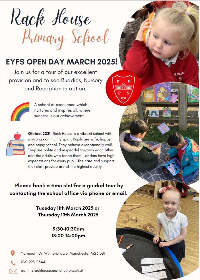 RackHousePS's tweet photo. EYFS Open Days March 2025! Come and see us in action. We look forward to welcoming parents/carers of children looking to join us in Buddies, Nursery or Reception. Please see the attached poster for further information. Feel free to share with anyone who may be interested. Thanks. https://t.co/lictUfnLJi