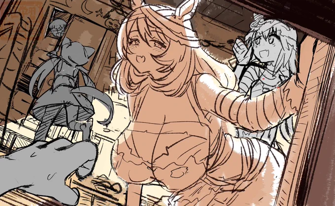 去年のハロウィンに欠けなかったウマ娘のハロウィンイラスト今年はぜったいに描き上げるという強い意志で貼るあと上の絵手前の手友人が書いてくれたんだけどこいつうますぎる 