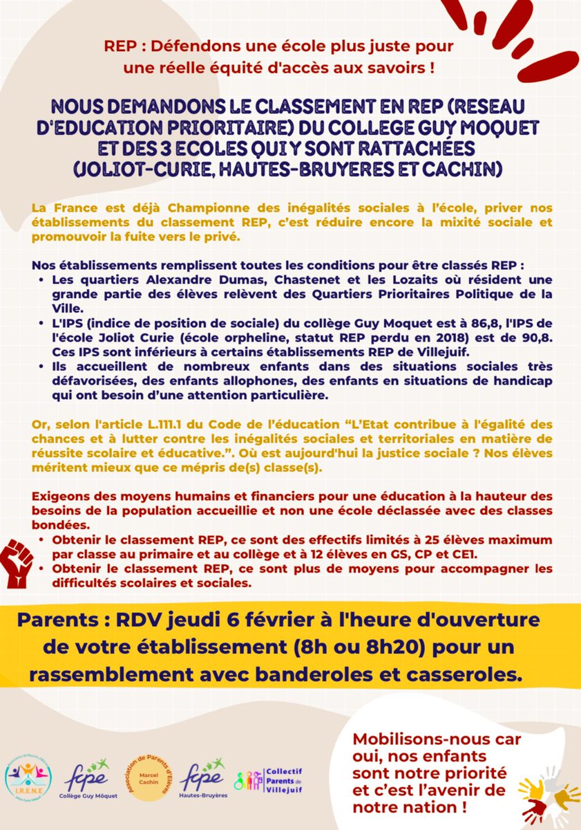 Parents : RDV jeudi 6 février 8h20 devant l’école pour un rassemblement avec banderoles &amp; casseroles pour exiger le classement REP (Réseau d’Education Prioritaire)
Le collège Guy Moquet où vont une grande partie de nos élèves, ainsi que les 3 écoles de rattachement se mobilisent