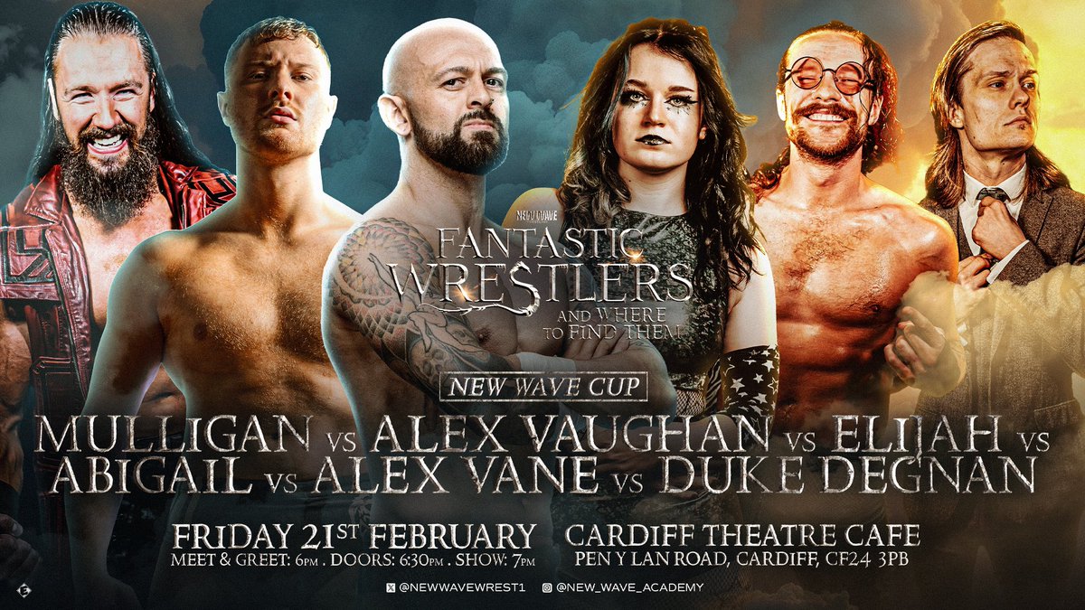 As announced yesterday by General Manager Nathan Wyburn 

We have a New Wave Cup Scramble Match!! 
Mulligan vs Abigail vs Elijah vs Duke Degnan vs Alexander Vane vs WILD CARD ENTRANT 

Over 50% of t1ckets s0ld

FANTASTIC WRESTLERS &amp; WHERE TO FIND THEM is going to be STACKED! 

🎟️
