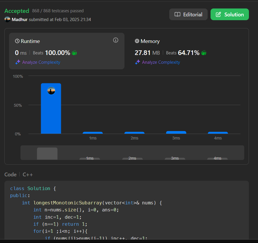 MadhurBoard's tweet photo. 🎯 Day 60/100 of My LeetCode Challenge 🎯
🚀 Problem: Longest Strictly Increasing or Strictly Decreasing Subarray
🔑 Solution: Used two pointers to track the longest increasing and decreasing subarrays efficiently in O(n) time.
#LeetCode #100DaysOfCode https://t.co/bU5WjXLbdg