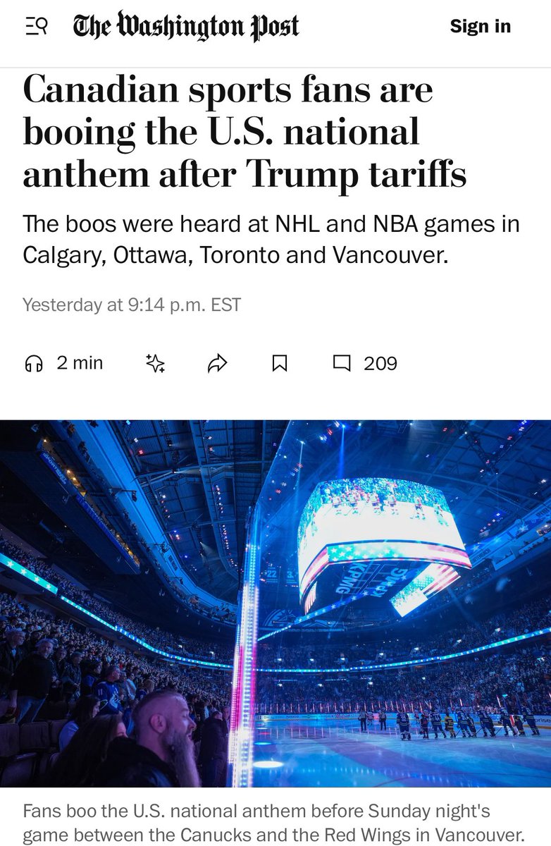 Seeing a lot of people in the comments who think it’s “un-Canadian” to boo the American anthem at sporting events, or that we should “keep politics out of sports.”

Nope, you’re wrong. Here’s why.

The tariffs were not a top story on many U.S. news outlets on the weekend. They