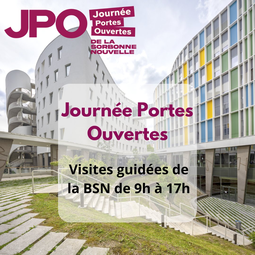 Samedi 8 février, profitez de la JPO de l'université Sorbonne Nouvelle pour visiter la BSN de 10h à 17h. Découvrez votre futur cadre de travail : 5 000 m² d'espaces publics, 600 000 documents, 38 salles de travail. RDV au RDC de la bibliothèque, sans réservation.
#BSN📚 #JPO