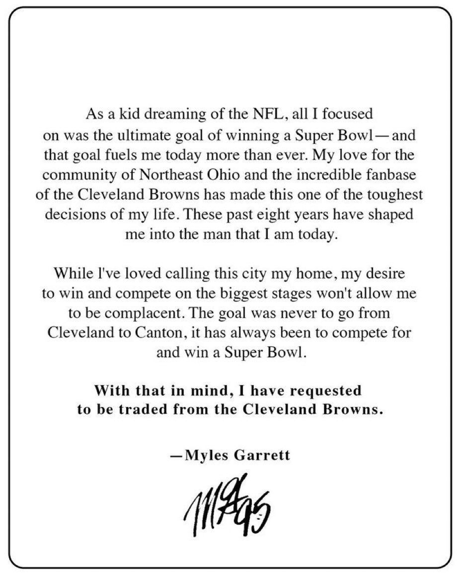 PJFOX8's tweet photo. Myles Garrett has requested a trade from the Cleveland #Browns https://t.co/5JxiWQPc7H