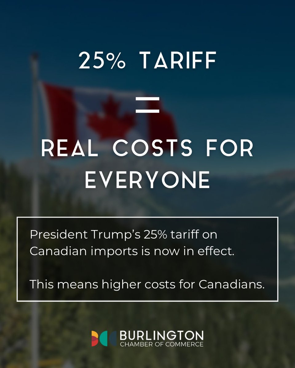 burlingtoncofc's tweet photo. 25% tariff = real costs for everyone.

With $1.3 trillion in two-way trade, the economic bond between Canada and the U.S. is strong, but these tariffs will test it.

Supporting local businesses is the key to staying resilient. Choose to buy Canadian and invest locally. 

#ONpoli https://t.co/BE3vhRmfE5