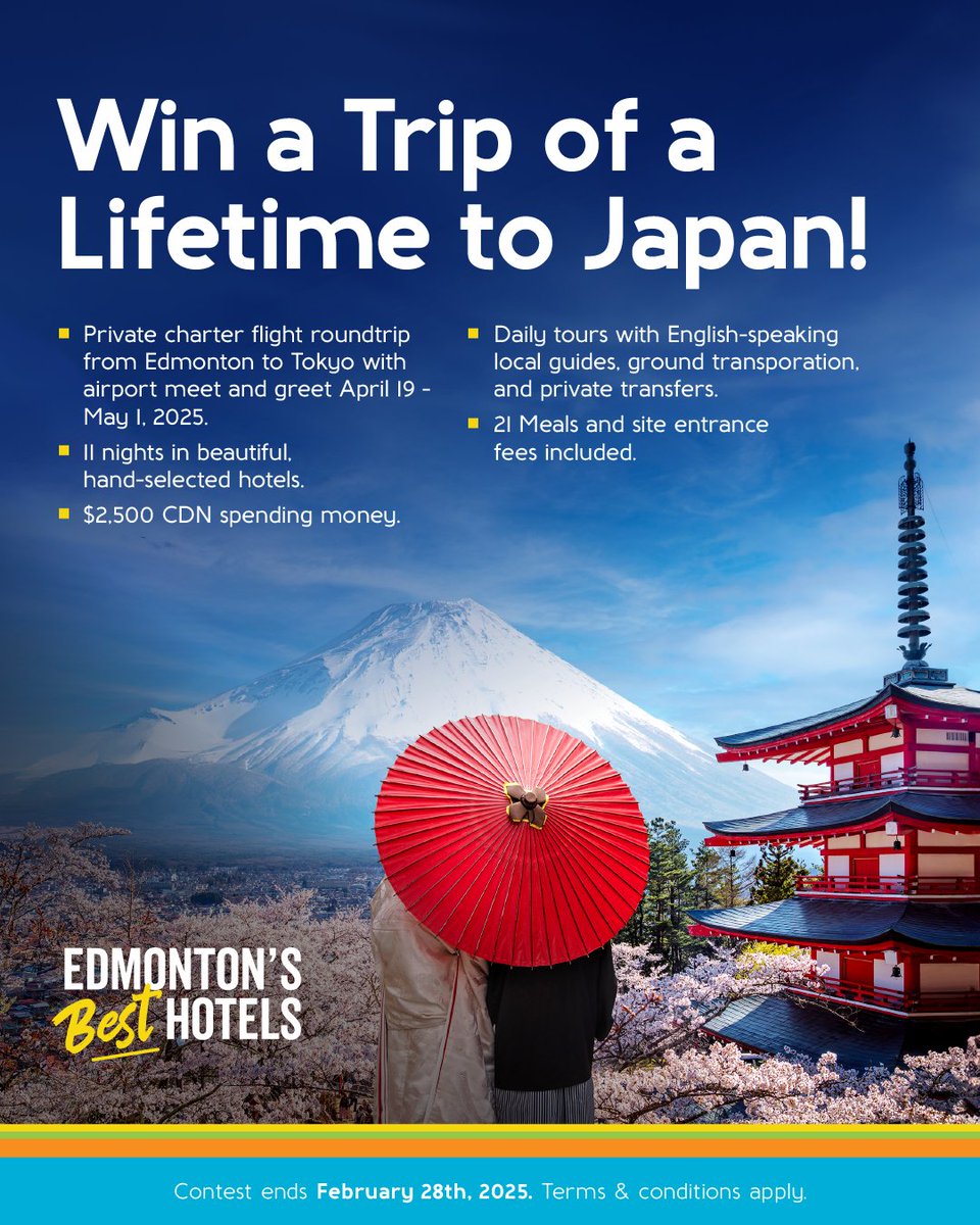 edmbesthotels's tweet image. 🎌 Ready for the trip of a lifetime? Edmonton’s Best Hotels is giving YOU the chance to win a trip for two to Japan!
Explore Tokyo’s vibrant streets, Kyoto’s serene temples, and the iconic Mount Fuji.
Enter now: edmontonsbesthotels.com/enter-our-cont…
#WinATrip #TravelToJapan #JapanAdventure