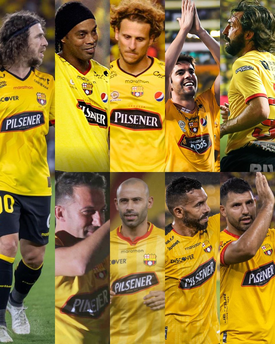 maxtter13's tweet photo. 2016: Ronaldinho Gaúcho. 
2017: Diego Forlán. 
2018: Kaká. 
2019: Andrea Pirlo. 
2020: Alessandro Del Piero.                  2021: Javier Mascherano. 
2022: Carlitos Tévez. 
2023: El Kun Agüero. 
2025: Carles Puyol.
Leyendas que llegaron al Monumental. #BarcelonaSC  #Guayaquil https://t.co/CDXGhjDFYO