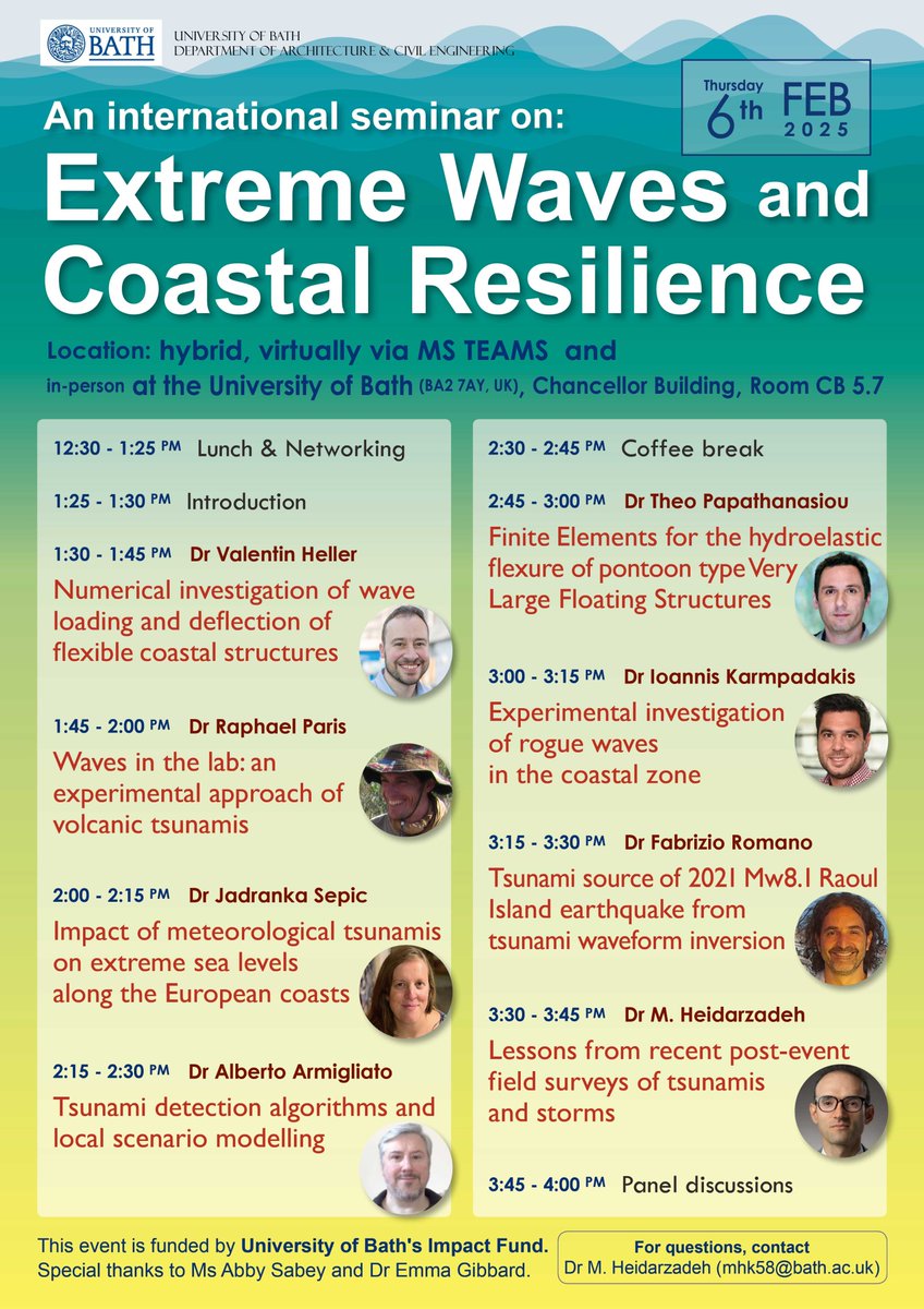 Dr Mohammad Heidarzadeh (@mo_heidarzadeh) on Twitter photo A seminar on "Extreme waves and coastal resilience".
Time: Thursday 6th Feb. 2025 at 1:25 pm (UK time)
Location: Hybrid - Online via TEAMS & Univ. of Bath, Chancellor Building, room CB5.7
MS TEAMS link: teams.microsoft.com/l/meetup-join/…
Public seminar
<a href="/ValentinHeller/">Valentin Heller</a>; <a href="/ikarmpadakis/">Ioannis Karmpadakis</a> A seminar on "Extreme waves and coastal resilience".
Time: Thursday 6th Feb. 2025 at 1:25 pm (UK time)
Location: Hybrid - Online via TEAMS & Univ. of Bath, Chancellor Building, room CB5.7
MS TEAMS link: teams.microsoft.com/l/meetup-join/…
Public seminar
<a href="/ValentinHeller/">Valentin Heller</a>; <a href="/ikarmpadakis/">Ioannis Karmpadakis</a>