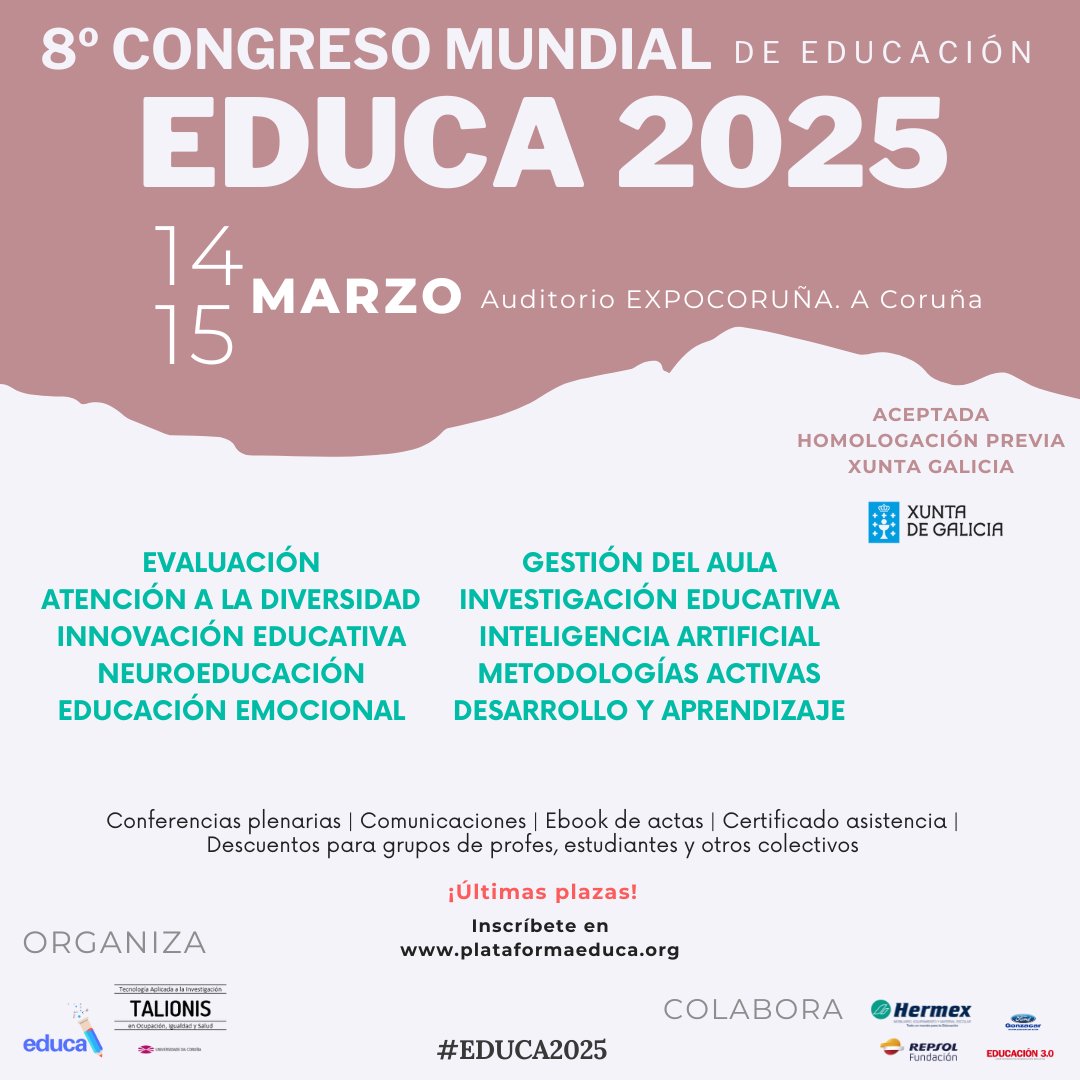 Si eres profe, opositor o estudiante futuro profe no te pierdas este evento que tendrá lugar en A Coruña.
¡Últimos días para inscribirse!
Consulta la tarifa especial para grupos de al menos 10 personas. 
plataformaeduca.org/congreso/compr… #claustrovirtual #profesorado #docentes