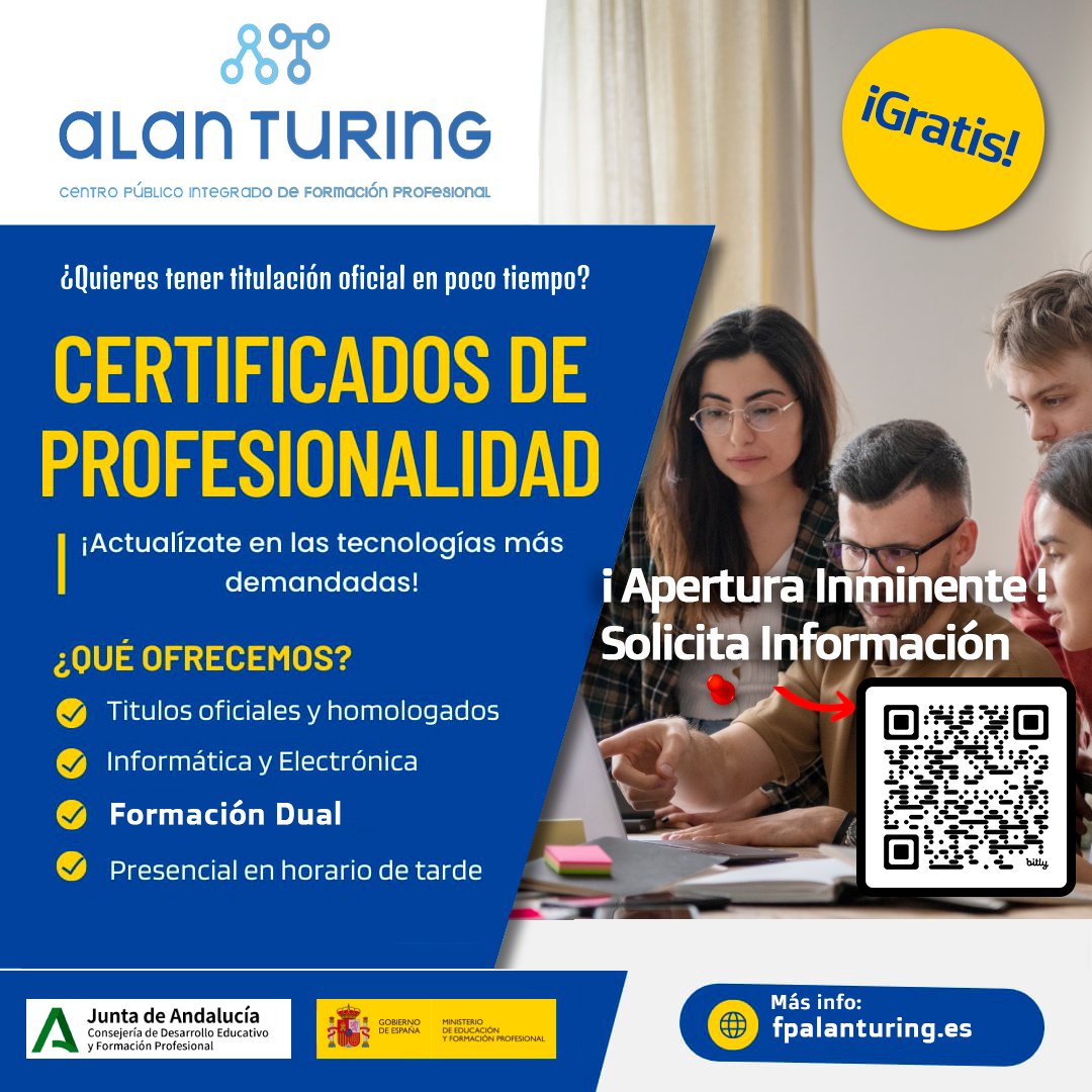 🚀 ¡Formación dual Gratuita en Informática y Electrónica! 💻⚡

📢 Aprende en el aula y en una empresa del sector. ¡Fórmate con un Certificado de Profesionalidad y mejora tu futuro!

📅 Solicita info ya 👉 bit.ly/4aJyv6K
#FormaciónDual #CertificadoProfesionalidad