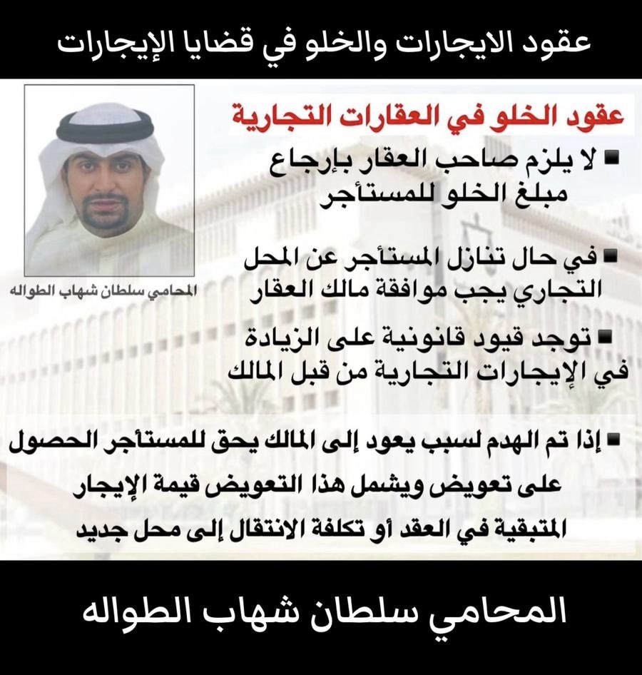 Q8LawyerGroup's tweet photo. المحامي سلطان شهاب الطواله :

هناك عقود مهمة وبنود يجب ذكرها في عقود الإيجارات لأصحاب المحلات والمنشأة التجارية حفاظا لحقوقهم من التلاعب بها سواء من الطرفين
العقد شريعة المتعاقدين لذلك الحرص على الاتفاق المسبق وتدوينه في عقود والتأكد من سلامة بنود العقد وصاحب القسيمة الصناعية https://t.co/WdioTbwEDj