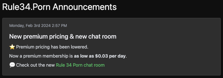 Rule34Official's tweet photo. Website update -> new premium pricing &amp; new chat room.
⭐️ Premium pricing has been lowered. Now a premium membership is as low as $0.03 per day.
💬️ Check out the new Rule 34 Porn chat room.
#rule34porn #rule34 https://t.co/c4rRssUvA6