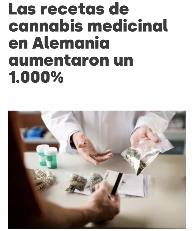 AnaMariaGazmuri's tweet photo. Las recetas de cannabis medicinal en Alemania aumentaron un 1.000%. "La terapia accesible con cannabis ofrece importantes beneficios para la salud pública. Gracias a las plataformas digitales, los pacientes ahora tienen un acceso confiable, supervisado por un médico y sencillo al cannabis medicinal”, dijo Julian Wichmann, director ejecutivo de Bloomwell. https://t.co/KTxWGNkBB0
