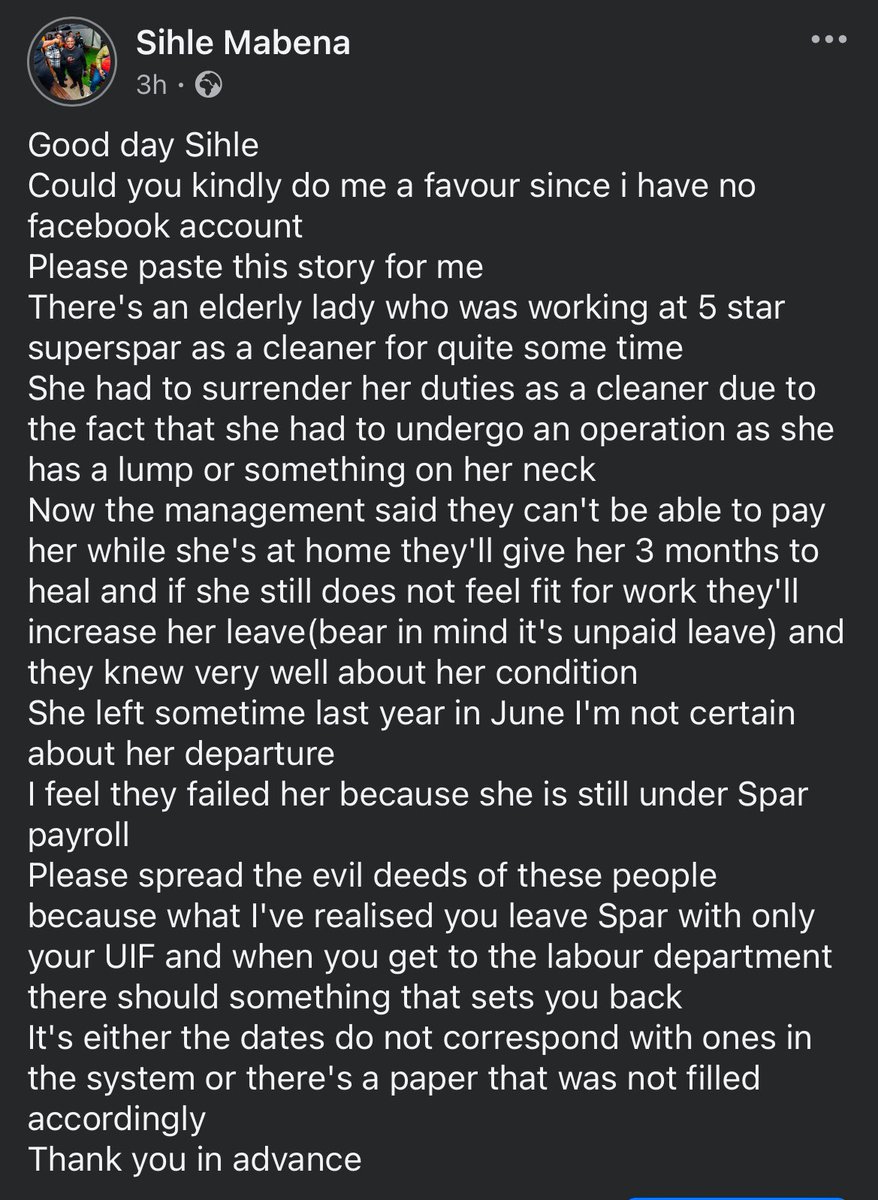 Akeni size abo ses bethu lana, they are mistreated at super spar in Secunda,i exposed their evil doings, instead of taking responsibility and fixing the issue they sent lawyers to me threatening to get me arrested

<a href="/ChrisExcel102/">ChrisExcel</a> 
<a href="/EFFSouthAfrica/">Economic Freedom Fighters</a> 
<a href="/deptoflabour/">Department of Employment and Labour</a> 
<a href="/Julius_S_Malema/">Julius Sello Malema</a>