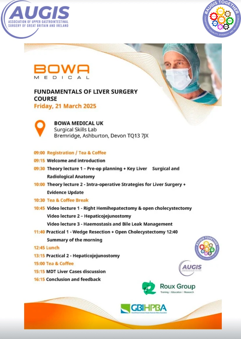 Join us for two exceptional days of m HPB training at BOWA, Devon! Suitable for CT2-ST8 - especially those embarking on their first HPB job. 

📅 20th March – Pancreas
📅 21st March – Liver

Don't miss this opportunity—book your place now: augis.org/Events/Event-B…