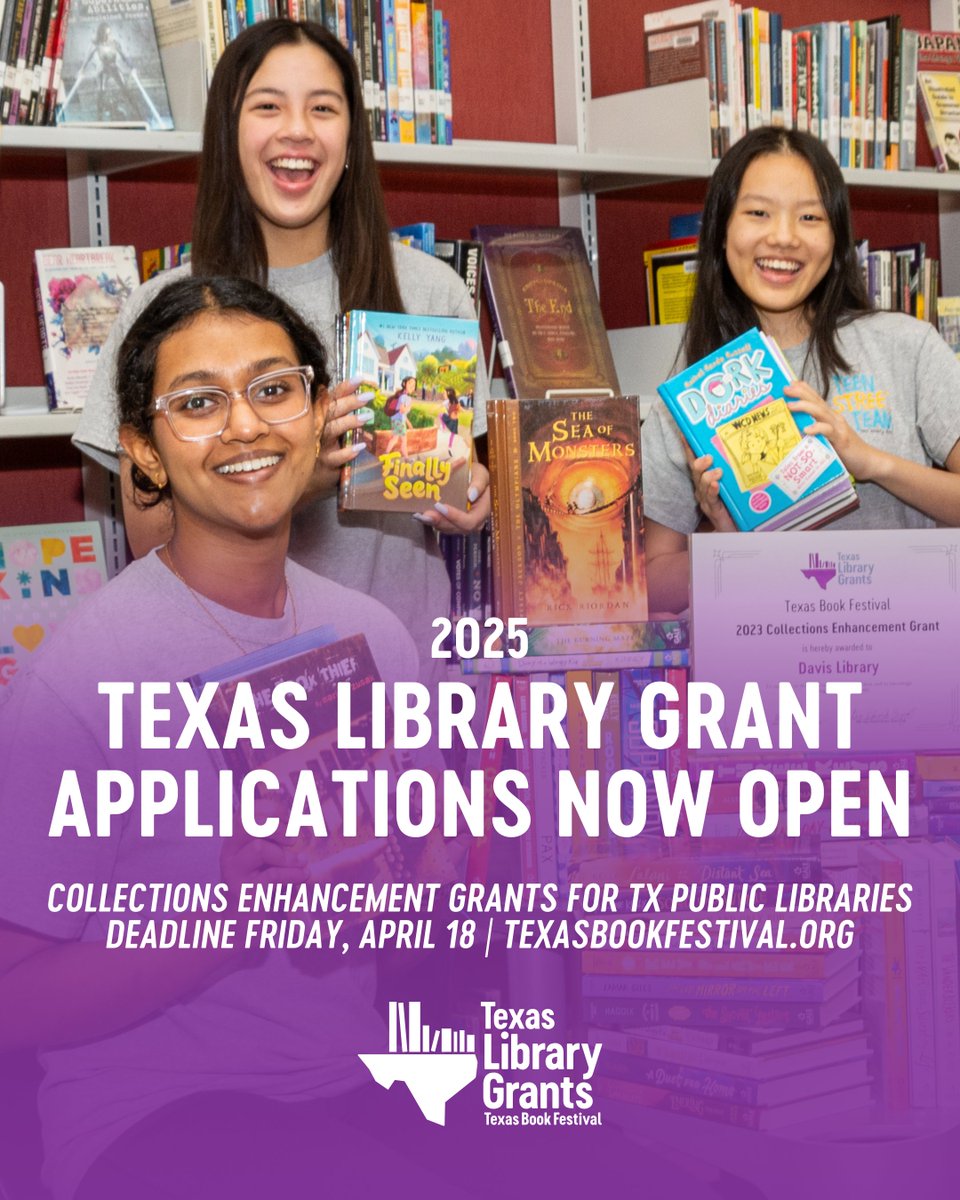 Applications are now open for our Texas Library Grants program! Every year,  we award these collections enhancement grants to Texas public libraries.

Learn more and apply: texasbookfestival.org/programs/libra…