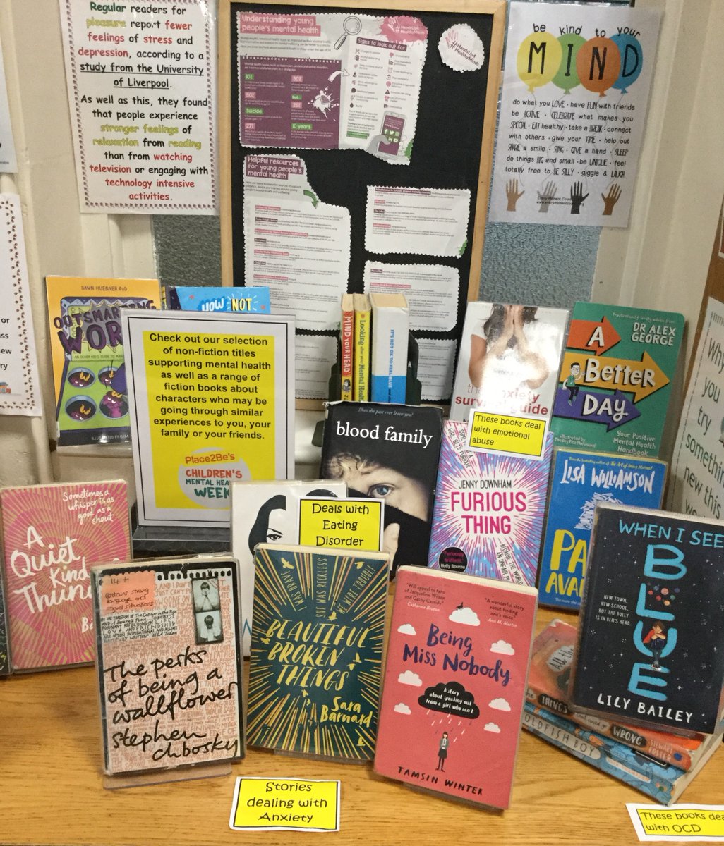 SullivanUpp_Lib's tweet photo. No young person should have to face mental health problems on their own. The Library @sullivan_upper supports #ChildrensMentalHealthWeek @Place2Be Check out titles from our #display plus permanent #shelfhelp & #readinglists on Eclipseβ€οΈπ#readingwell #KnowYourselfGrowYourself https://t.co/geuU2AeAuD