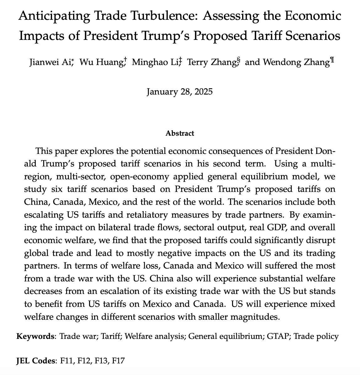 Jūra Liaukonytė (@jurawho) on Twitter photo My colleagues <a href="/Cornell/">Cornell University</a> simulated various tariff and retaliation scenarios proposed by Trump on China, Canada, Mexico, and the rest of the world, analyzing impacts on trade flows, sectoral output, real GDP, etc.
paper link➡️ papers.ssrn.com/sol3/papers.cf… My colleagues <a href="/Cornell/">Cornell University</a> simulated various tariff and retaliation scenarios proposed by Trump on China, Canada, Mexico, and the rest of the world, analyzing impacts on trade flows, sectoral output, real GDP, etc.
paper link➡️ papers.ssrn.com/sol3/papers.cf…