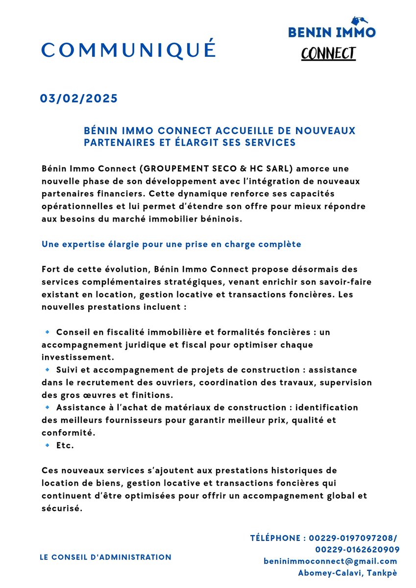 Bénin Immo Connect accueille de nouveaux partenaires et élargit ses services.

Plus d'informations ↘️

#Beninimmo #Benin