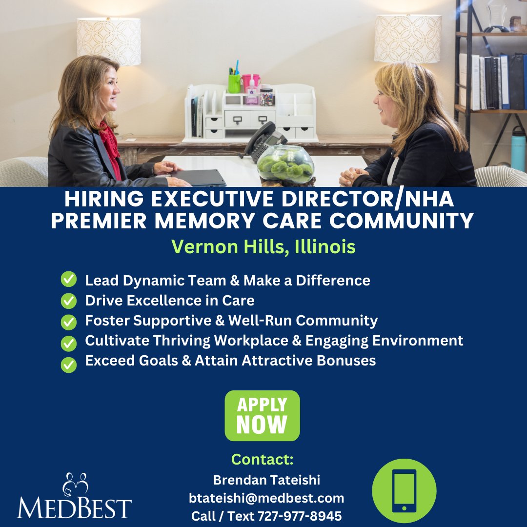MedBestJobs's tweet image. We&apos;re on the lookout for an ED or NHA to lead a top memory care team, IL! Ready to make an immediate impact? Have strong leadership skills? Contact Brendan today: btateishi@medbest.com / 929-977-8945 #executivedirectors #nursinghomeadministrator #memorycare