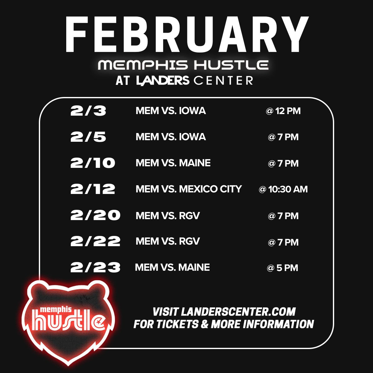 LandersCenter's tweet photo. It's a full month of @MemphisHustle in the building! Catch our all-stars in action! #memphishustle 
🎟️: https://t.co/NduW1XIZ1e https://t.co/B0iXa4MKXk