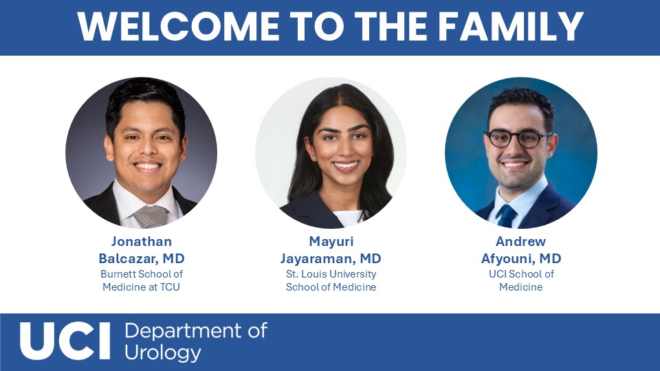 UCI Urology (@uci_urology) on Twitter photo We are beyond thrilled to welcome Drs. <a href="/jon_balcazar/">Jon Balcazar-Valko, M.D.</a> <a href="/MayuriJayaraman/">Mayuri Jayaraman</a> <a href="/AndysheaAfyouni/">Andrew Shea Afyouni</a> to our Residency Program! Welcome to the family!
<a href="/jaimelandmanuci/">Jaime Landman</a> <a href="/jordanmlj/">Mark Jordan</a> <a href="/UroMADMD/">Michael Daneshvar</a> <a href="/davidleegumd/">David I Lee, MD</a> <a href="/RoshanPatel_MD/">Roshan Patel, MD</a> <a href="/faysal_a_yafi/">Faysal A. Yafi, MD FRCSC</a> We are beyond thrilled to welcome Drs. <a href="/jon_balcazar/">Jon Balcazar-Valko, M.D.</a> <a href="/MayuriJayaraman/">Mayuri Jayaraman</a> <a href="/AndysheaAfyouni/">Andrew Shea Afyouni</a> to our Residency Program! Welcome to the family!
<a href="/jaimelandmanuci/">Jaime Landman</a> <a href="/jordanmlj/">Mark Jordan</a> <a href="/UroMADMD/">Michael Daneshvar</a> <a href="/davidleegumd/">David I Lee, MD</a> <a href="/RoshanPatel_MD/">Roshan Patel, MD</a> <a href="/faysal_a_yafi/">Faysal A. Yafi, MD FRCSC</a>
