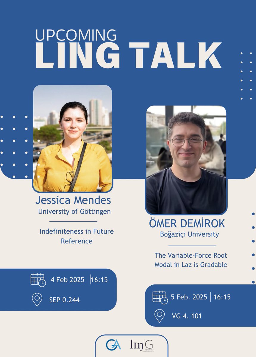 𝗟𝗜𝗡𝗚 𝗧𝗔𝗟𝗞

Two amazing talks for ending the semester with Jessica Mendez and Ömer Demirok! Check them out!

Find more information about the talks on our website!

#lingoe #linguistics #language #bogaziciuniversity #göttingenuniversität