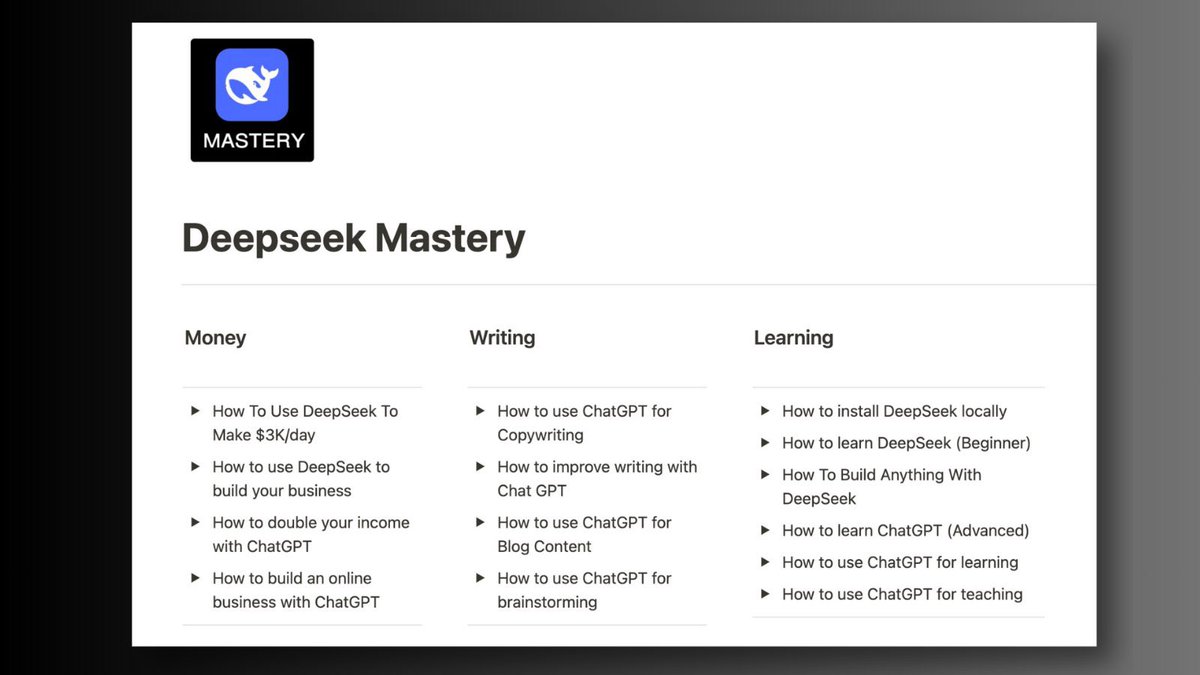 SohelBloom's tweet image. LEAKED: Secret DeepSeek prompts that literally turn your laptop into an ATM.

Most people are missing out on the GOLDRUSH by not knowing how to use it.

So I built DeepSeek Mastery: 500+ prompts, 9 Masterclasses, including a complete step-by-step guide for beginners.

FREE for 24…