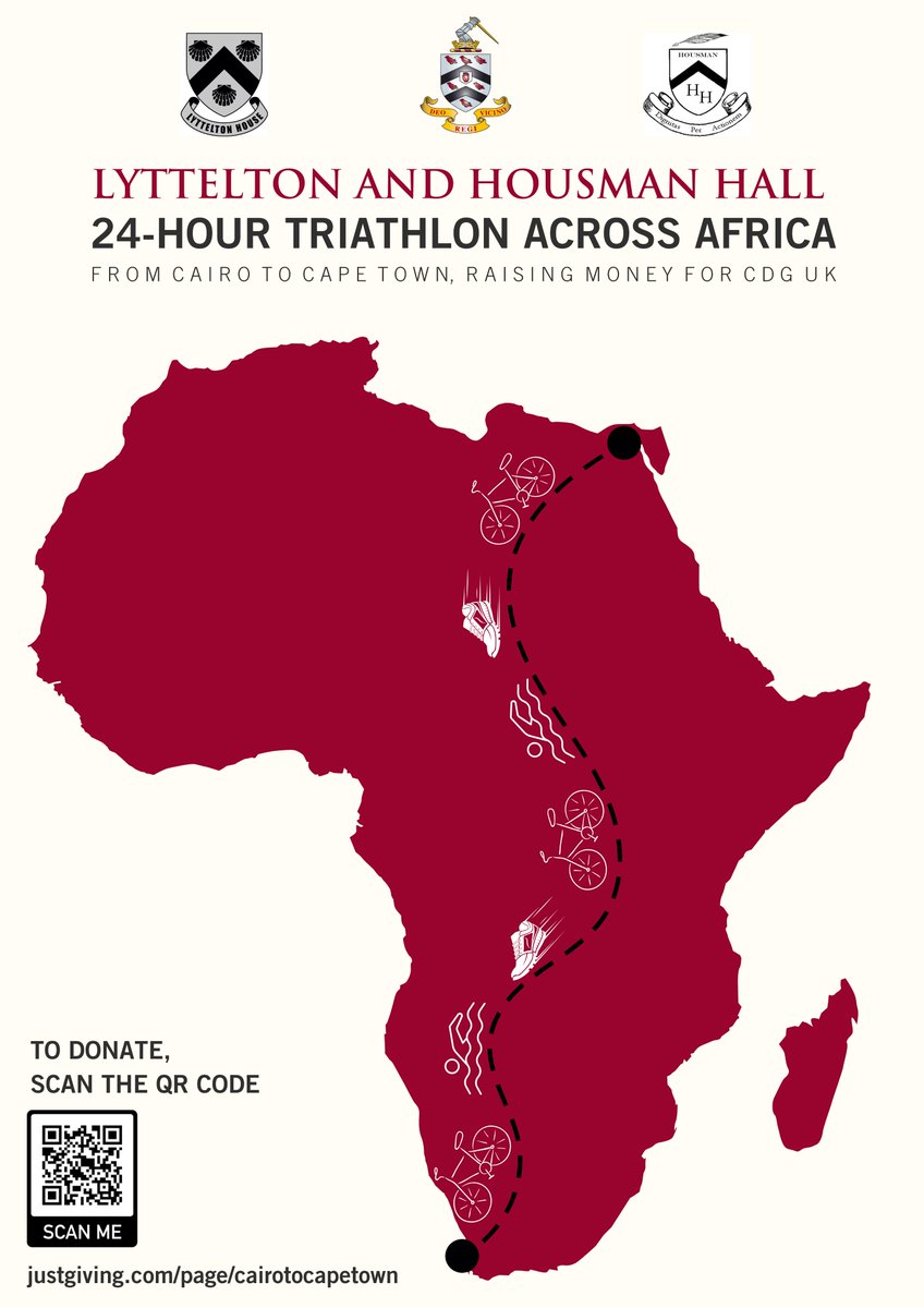 BromsSchool's tweet photo. Next Thursday, 13th February, students from @BromsLyttelton and @BromsHousman are beginning their 24 hour triathlon in aid of CDG UK to cover the Cairo to Cape Town Highway (10,228KM) and travel the length of Africa. 

If you would like to donate, visit https://t.co/Gn2GK7BwJT https://t.co/hU0TPINtyR