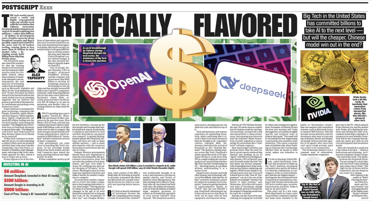 The tech world experienced a costly and highly consequential wake-up call this past week.

My latest for the <a href="/newyorkpost/">New York Post</a>:

The release of DeepSeek R1 raises the possibility that the existing model of AI investment and development might soon be ready for a rethink.

This could be