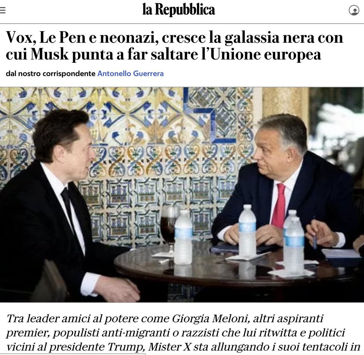 <a href="/PBerizzi/">Paolo Berizzi</a> Vox, Le Pen e neonazi, cresce la galassia nera con cui Musk punta a far saltare l’Unione europea. Tra leader amici al potere come G. Meloni, altri aspiranti premier, populisti anti-migranti o razzisti che lui ritwitta e politici vicini al #presidenteTrump, #MisterX... <a href="/repubblica/">Repubblica</a>
