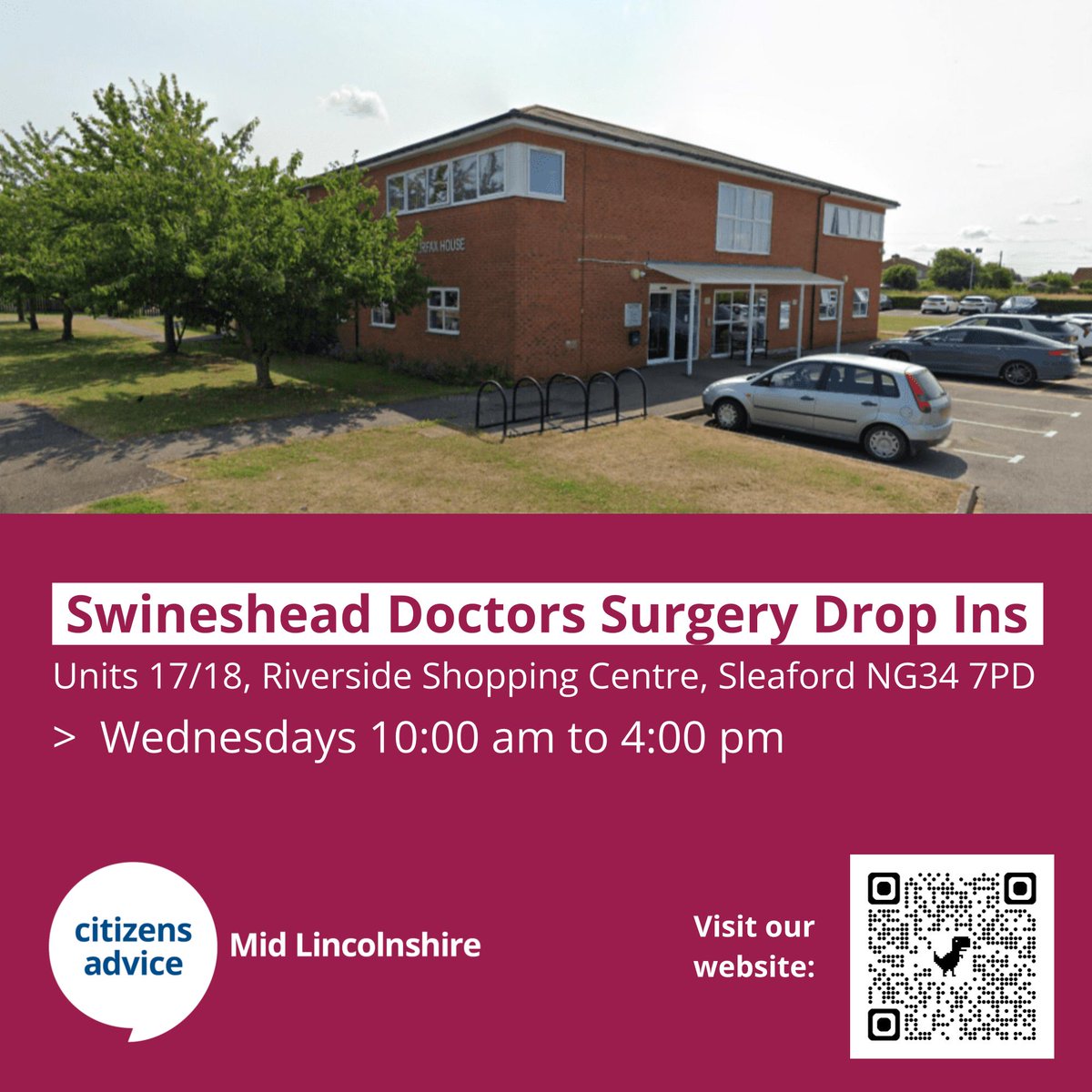 MidLincsCA's tweet photo. We are currently running drop in advice sessions at Swineshead Doctors Surgery (Fairfax House/1 Packhorse La, Boston PE20 3JE) on Wednesdays from 10am to 4pm.
#swineshead #citizensadvicemidlincolnshire #swinesheadsurgery #lincolnshire https://t.co/dOiiI7xSUR