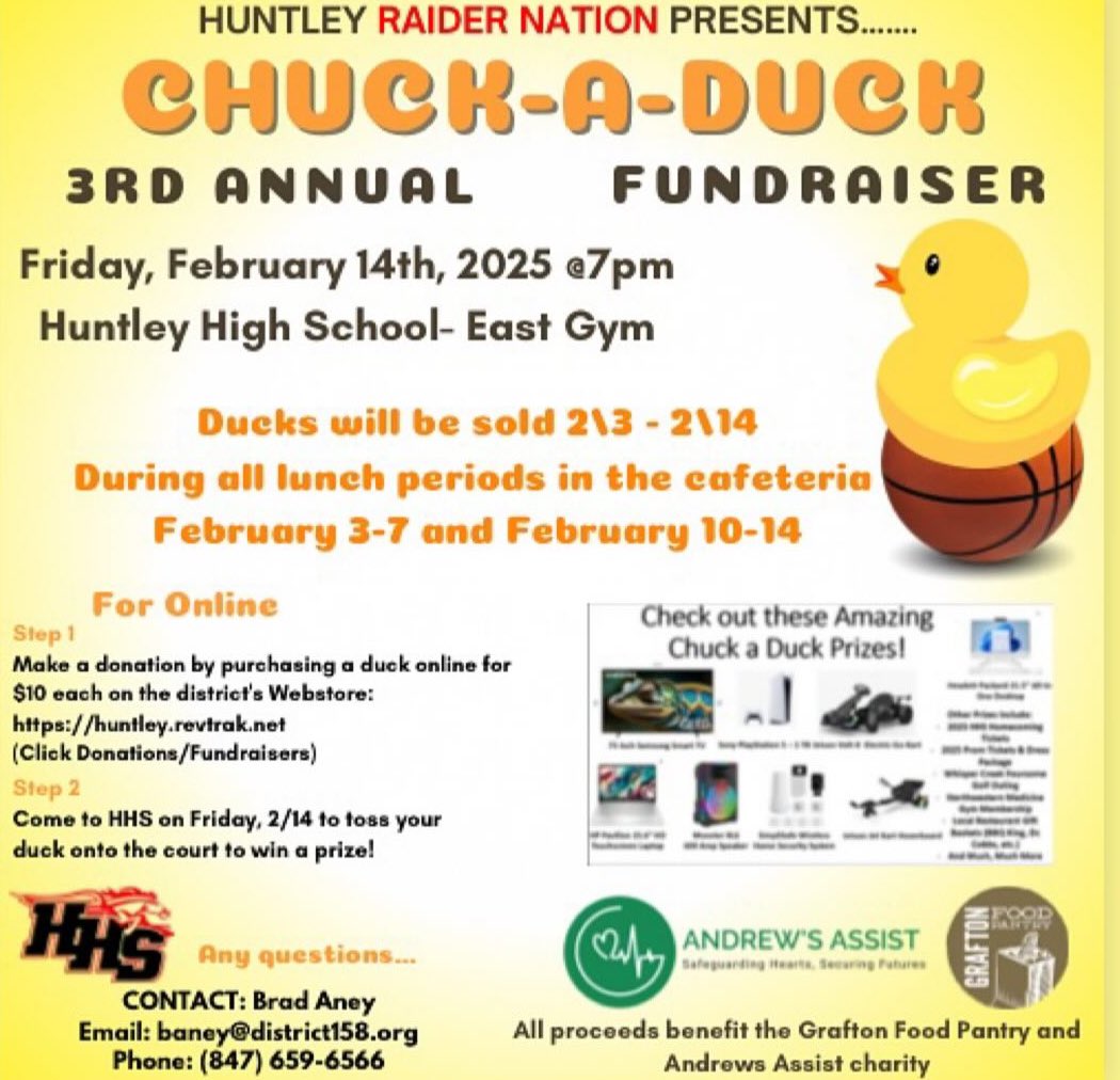 💛 RAIDER NATION presents the 3rd annual Chuck-A-Duck on February 14th. We are selling ducks starting TODAY during 4th, 5th and 6th periods, up until the game day, ducks cost 10$. Once you receive a duck from us YOU are responsible for it!!