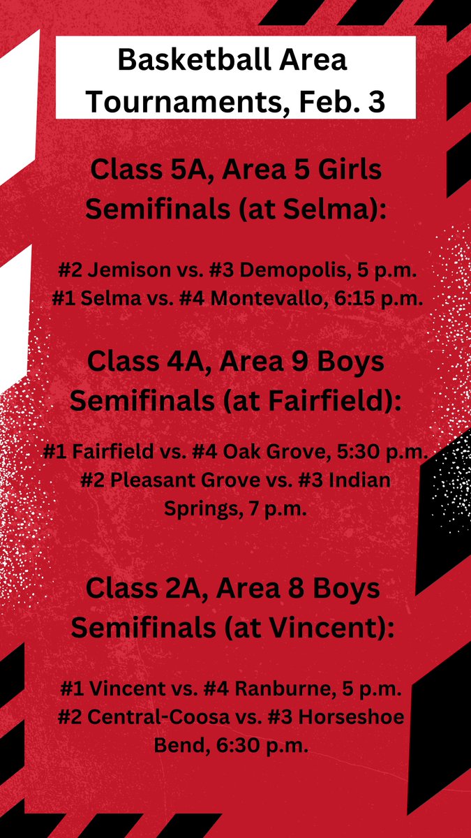 College has March Madness, Alabama has the February Frenzy. And it starts in earnest today.

Tons of sub-regional spots are getting handed out tonight. Here's a look at the games with teams from Shelby County battling it out for a chance to play for the area title.