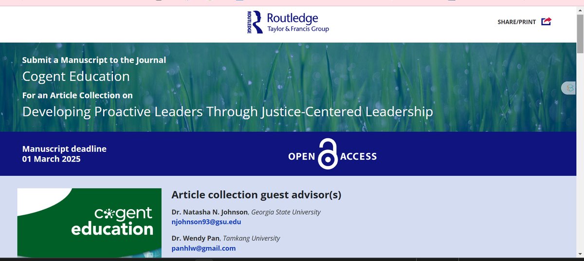 Happy Black History Month! This is my reminder that the submission deadline (March 1) for our Special Issue on Developing Proactive Leaders Through Justice-Centered Leadership is just under a month away: think.taylorandfrancis.com/article_collec…👇👇👇👇👇 <a href="/cogentEd/">Cogent Education</a> <a href="/routledgebooks/">Routledge Books</a> <a href="/JusticeLeaders1/">JusticeLeadership</a>