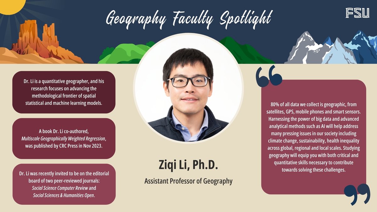 This week, we're spotlighting Assistant Professor of Geography Dr. Ziqi Li!

For more information about the Department of Geography, visit cosspp.fsu.edu/geography.